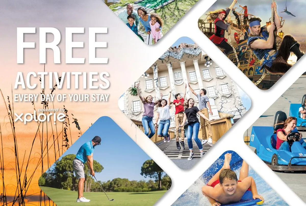A vibrant scene depicting families and groups enjoying a variety of outdoor activities, from swimming and golfing to adventure attractions. The image is full of life, activity, and sunshine, reflecting the fun and convenience of the area's resort-like amenities.